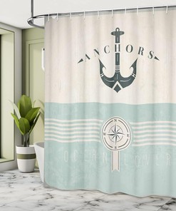 Anchor Compass Sailing Coastal Vintage Nautical Shower Curtain Beige Turquoise Bathroom Decor