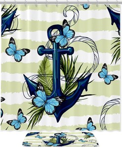 Anchor Floral Butterfly Stripe Shower Curtain - Waterproof Fabric for Bathroom 
