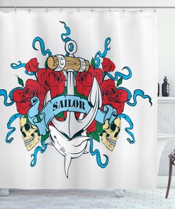 Anchor Head Bones Bouquet Shower Curtain - Skeleton Roses Dolphin Wildlife Navy for Bathroom