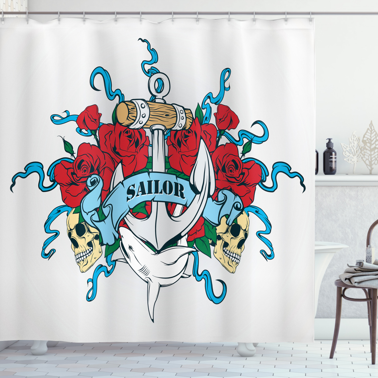 Anchor Head Bones Bouquet Shower Curtain - Skeleton Roses Dolphin Wildlife Navy for Bathroom