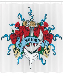 Anchor Head Bones Bouquet Shower Curtain - Skeleton Roses Dolphin Wildlife Navy for Bathroom