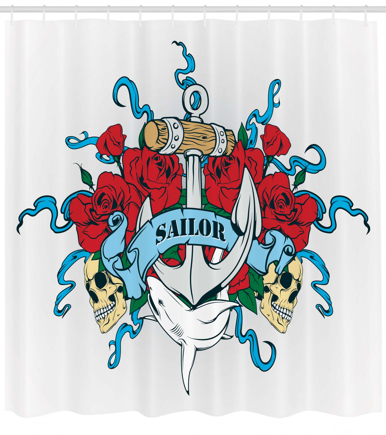 Anchor Head Bones Bouquet Shower Curtain - Skeleton Roses Dolphin Wildlife Navy for Bathroom