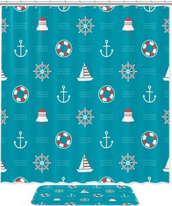 Anchor Lifebuoy Compass Blue Shower Curtain - Waterproof Fabric for Bathroom 