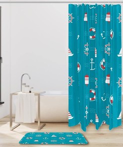Anchor Lifebuoy Compass Blue Shower Curtain - Waterproof Fabric for Bathroom