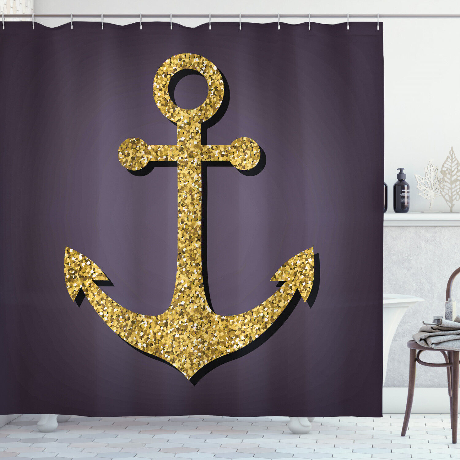 Anchor Pattern with Gold Glitter Graphic Print Shower Curtain - Home Decor for Bathroom