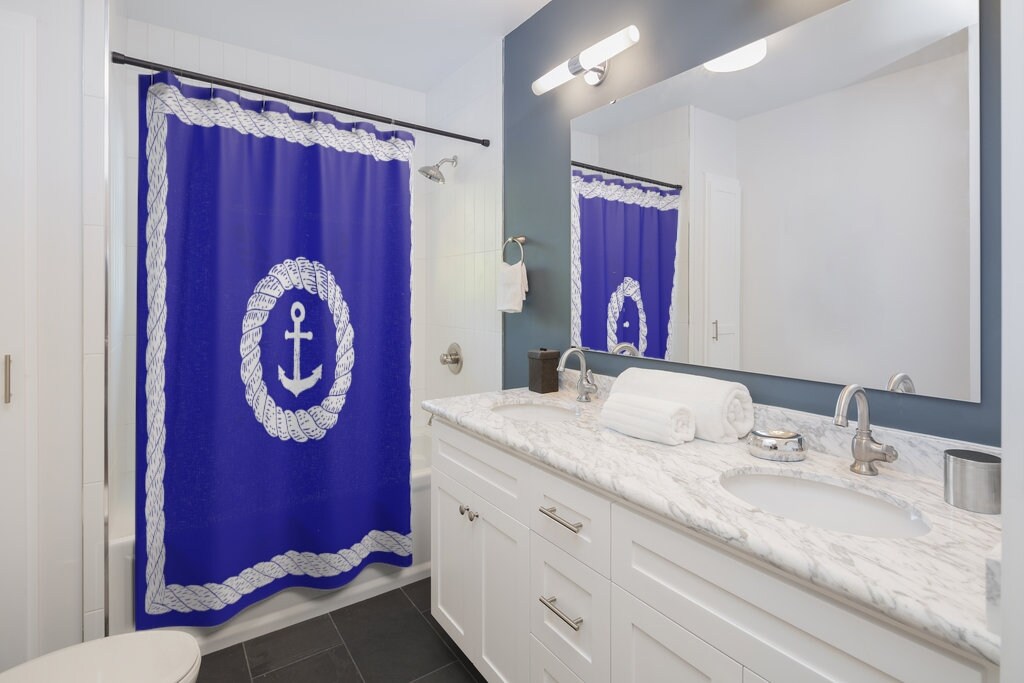 Anchor & Rope Shower Curtain - Lake Life, House, and Cabin Decor - Royal Blue for Bathroom