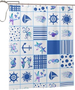 Anchor Seahorse Sea Turtle Starfish Shower Curtain - Heavy Duty Waterproof Bathroom with Grommets and Modern Bath Decor