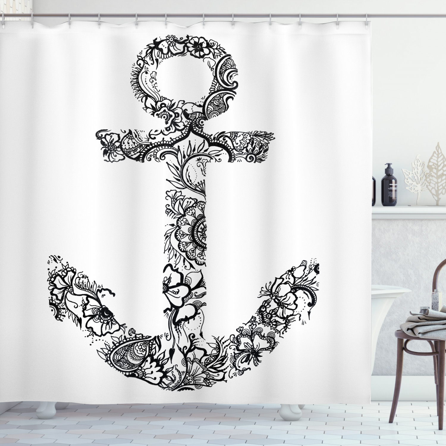 Anchor Shaped Flower Floral Vacation Shower Curtain - Fabric for Bathroom