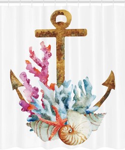 Anchor Shower Curtain, Corals Seaweed Underwater Life Diving Enjoyment Marine Print- Bathroom Decor