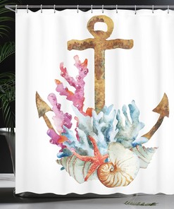 Anchor Shower Curtain, Corals Seaweed Underwater Life Diving Enjoyment Marine Print- Bathroom Decor