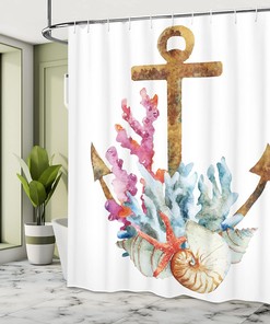 Anchor Shower Curtain, Corals Seaweed Underwater Life Diving Enjoyment Marine Print- Bathroom Decor