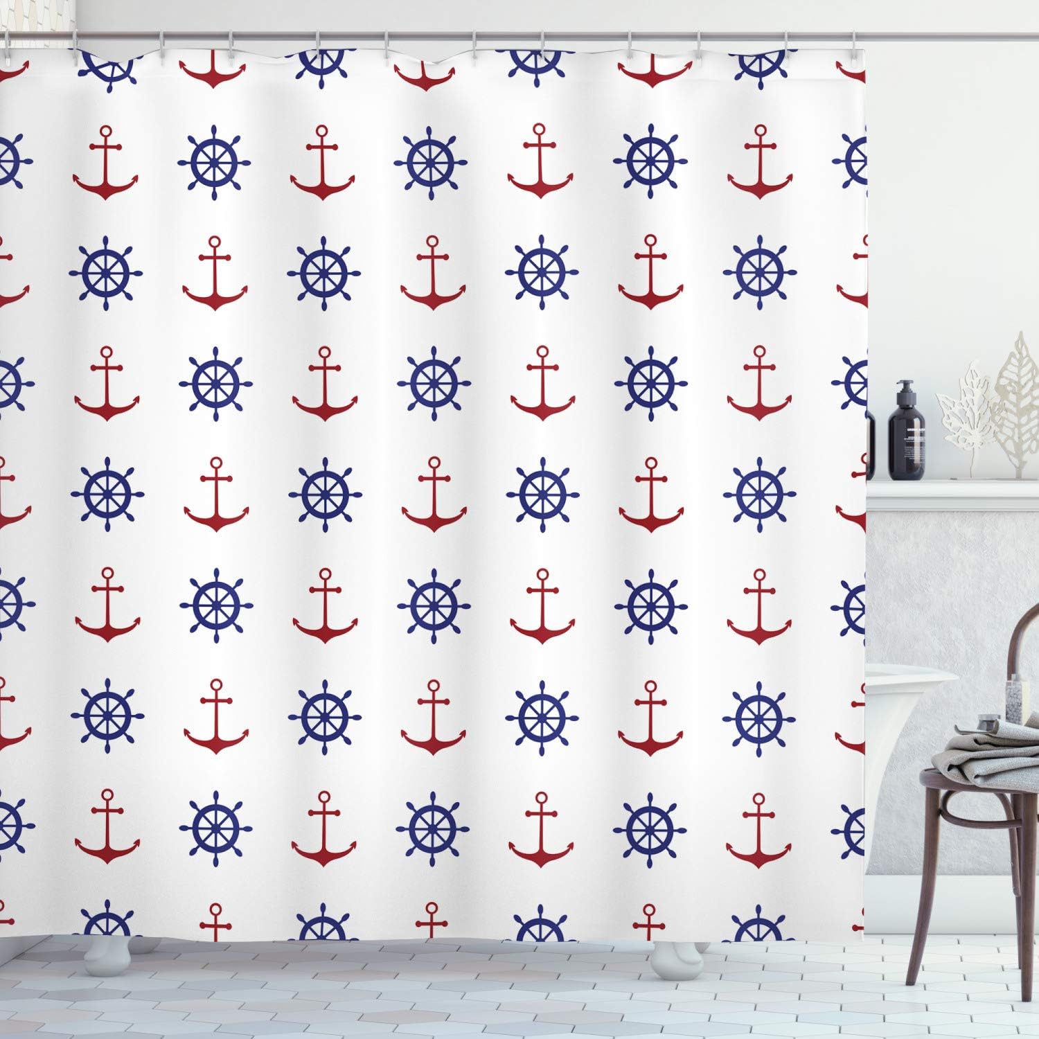 Anchor Shower Curtain, Maritime Design Anchors and Ship Wheels on Art Print- Home Decor