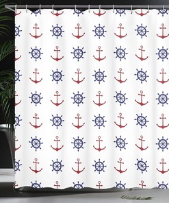 Anchor Shower Curtain, Maritime Design Anchors and Ship Wheels on Art Print- Home Decor