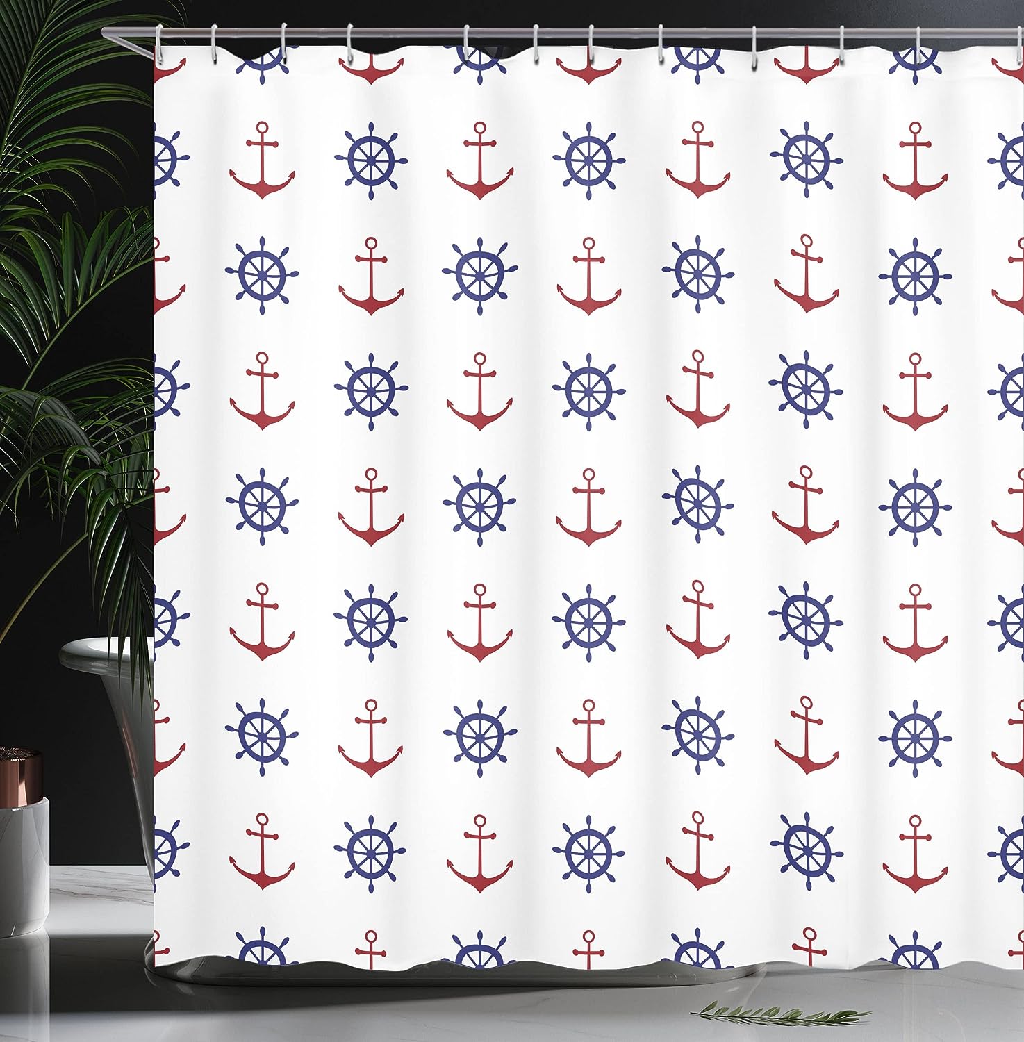 Anchor Shower Curtain, Maritime Design Anchors and Ship Wheels on Art Print- Home Decor