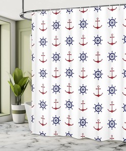 Anchor Shower Curtain, Maritime Design Anchors and Ship Wheels on Art Print- Home Decor