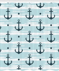 Anchor Shower Curtain, Pattern with Anchors Modern Adventurous Striped Coastline- Home Decor