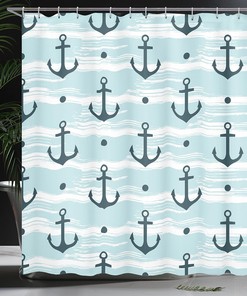 Anchor Shower Curtain, Pattern with Anchors Modern Adventurous Striped Coastline- Home Decor