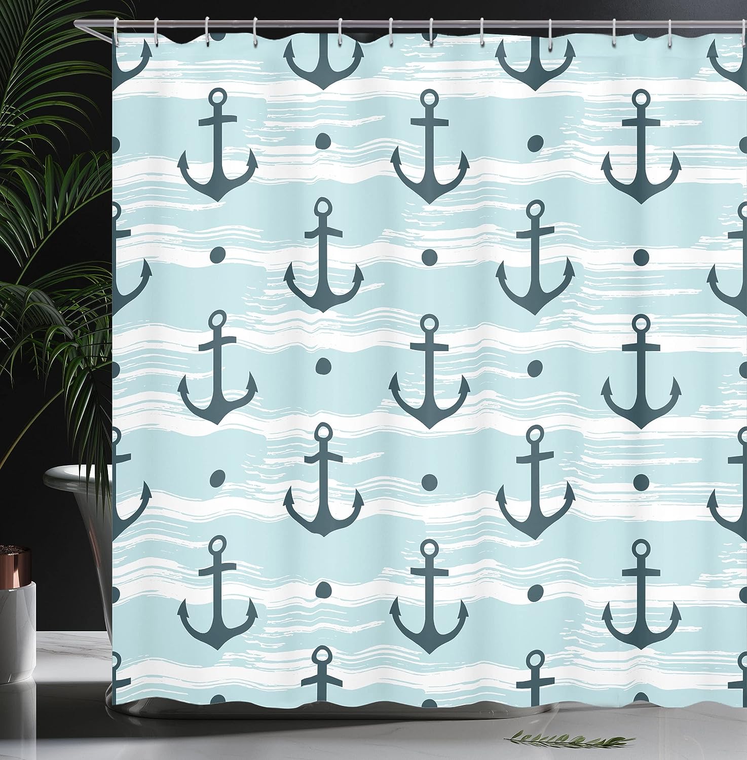 Anchor Shower Curtain, Pattern with Anchors Modern Adventurous Striped Coastline- Home Decor