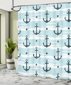 Anchor Shower Curtain, Pattern with Anchors Modern Adventurous Striped Coastline- Home Decor
