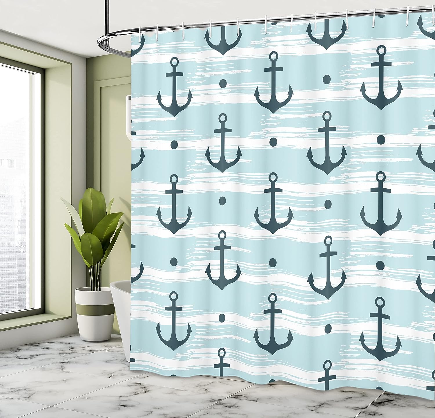 Anchor Shower Curtain, Pattern with Anchors Modern Adventurous Striped Coastline- Home Decor