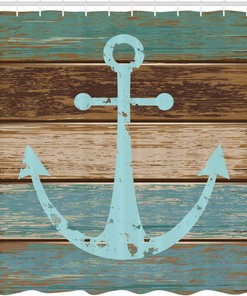 Anchor Shower Curtain, Timeworn Marine on Weathered Wooden Planks Rustic Nautical Theme- Bathroom Curtain