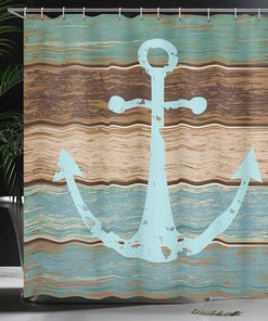 Anchor Shower Curtain, Timeworn Marine on Weathered Wooden Planks Rustic Nautical Theme- Bathroom Curtain