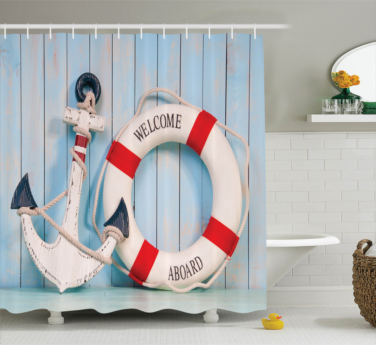 Anchor and Stripe Lifebuoy Shower Curtain - Fabric for Bathroom