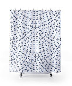 Anchors Away Shower Curtain - Blue & White Anchor Pattern for Nautical Bathroom Decor Accessory 