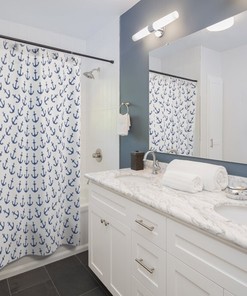 Anchors Away Shower Curtain - Blue & White Anchor Pattern for Nautical Bathroom Decor Accessory