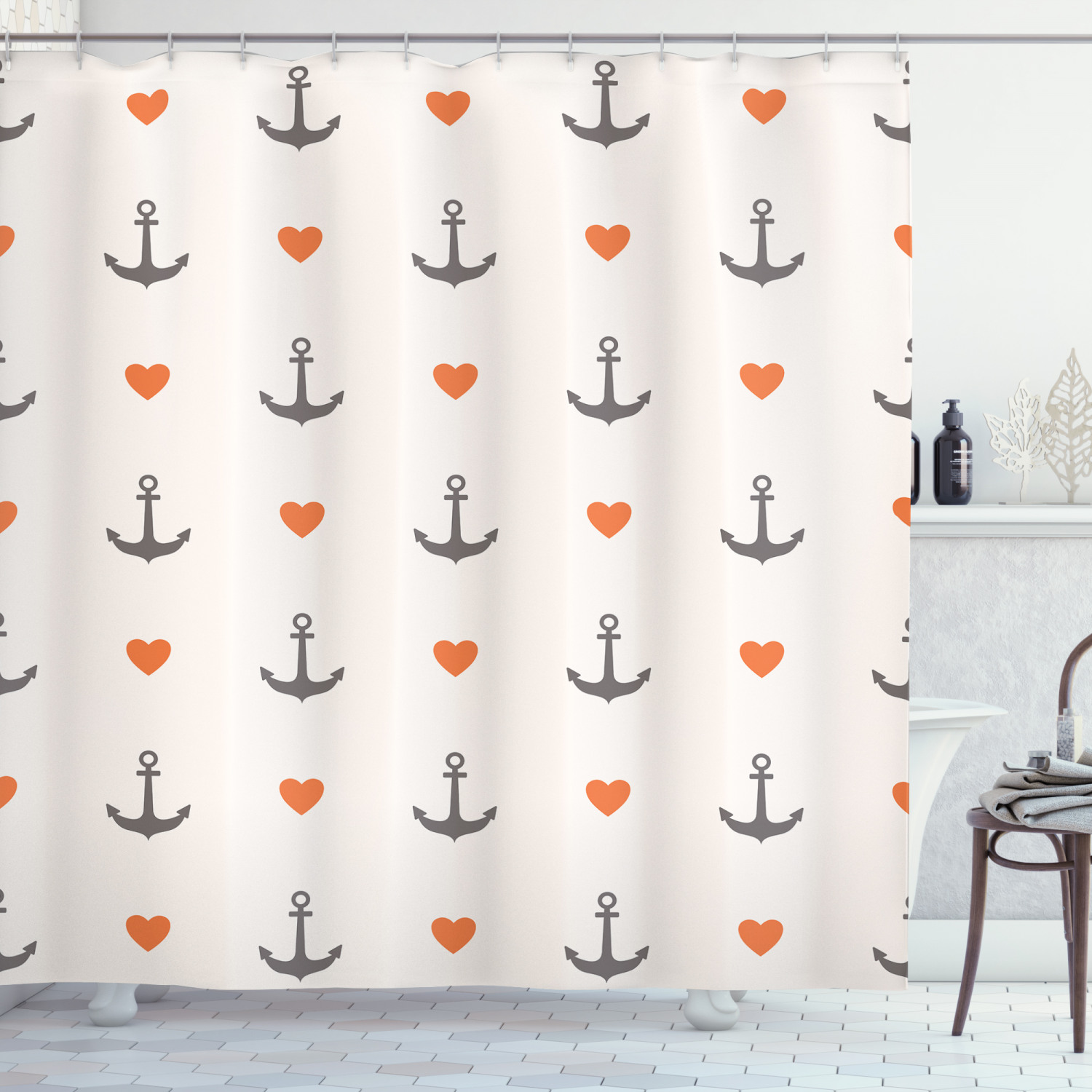 Anchors and Hearts Romantic Beach Shower Curtain - Sweet Holiday Party Leisure Fabric for Bathroom