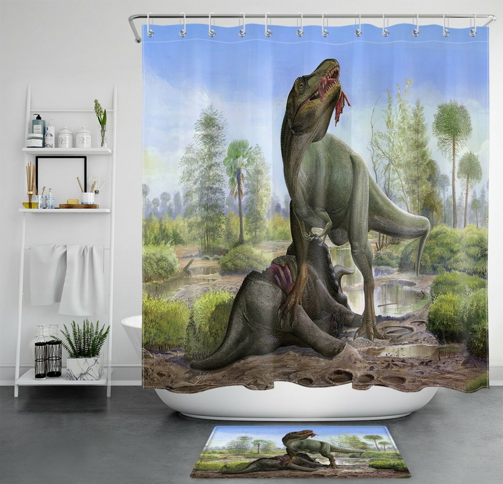 Ancient Dinosaur Hunting Tyrannosaurus Shower Curtain - Bathroom Accessory Fabric