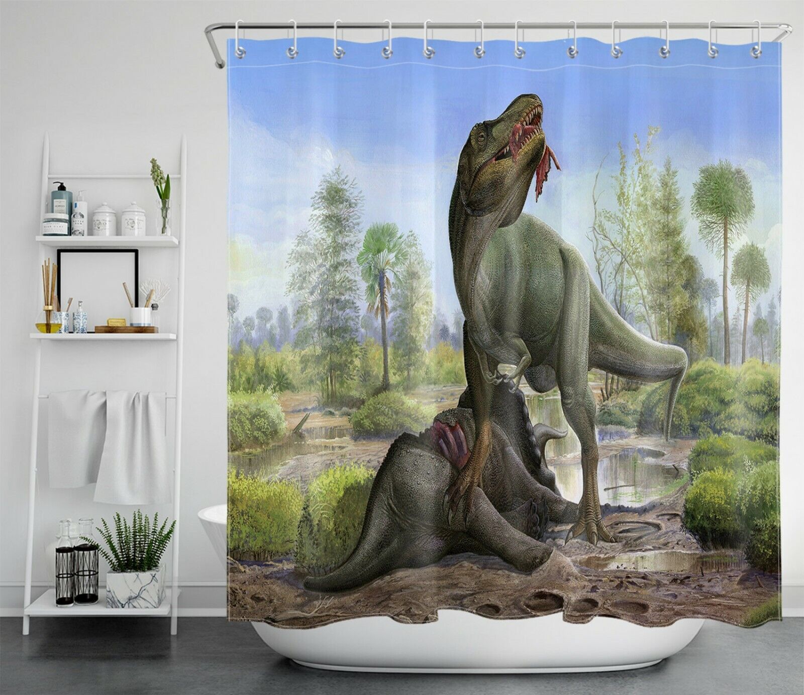 Ancient Dinosaur Hunting Tyrannosaurus Shower Curtain - Bathroom Accessory Fabric