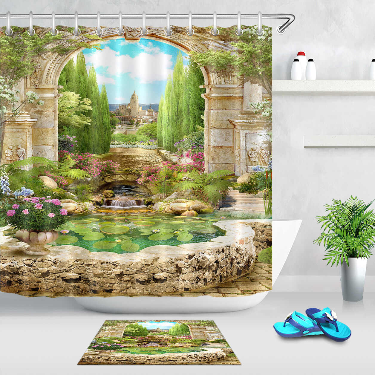 Ancient European Garden Arch Fabric Shower Curtain - Bathroom Decor With Hooks