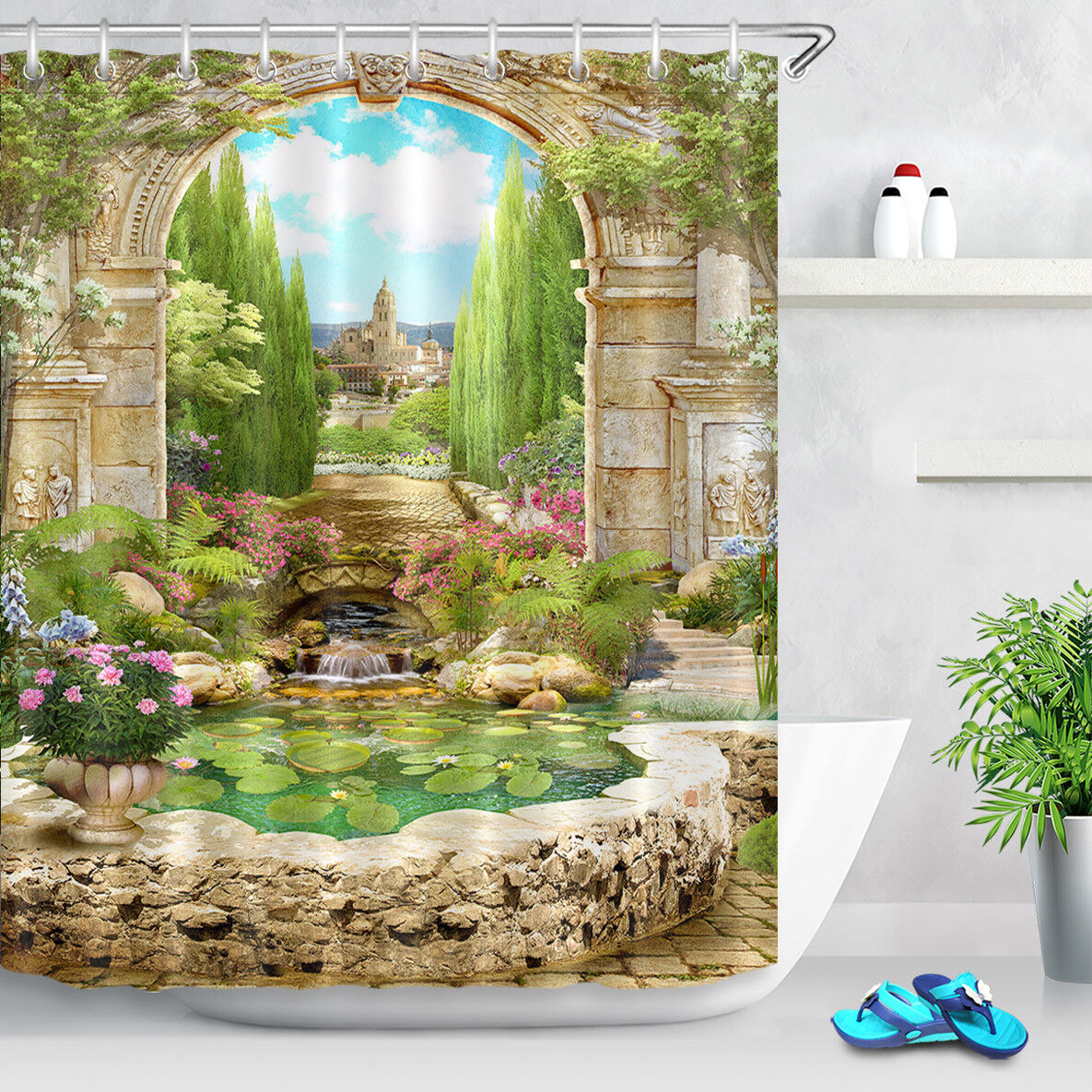 Ancient European Garden Arch Fabric Shower Curtain - Bathroom Decor With Hooks