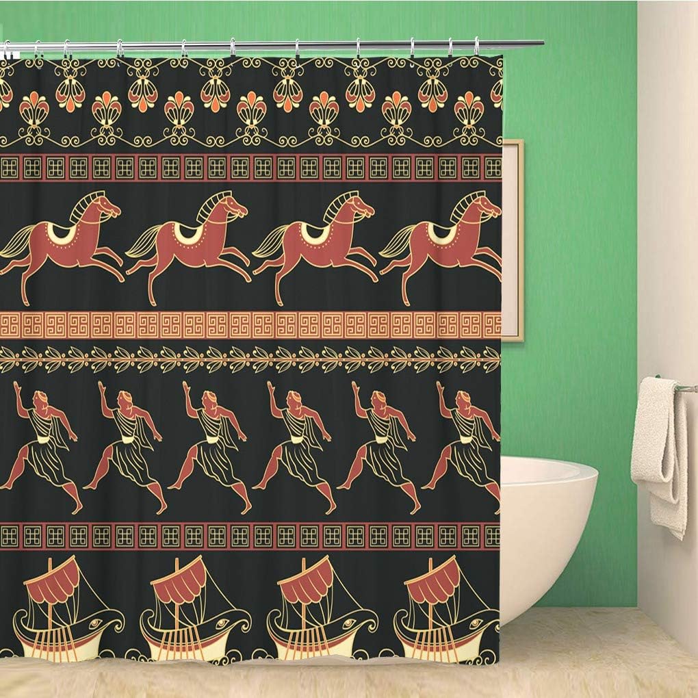 Ancient Greek Ships Vintage Shower Curtain - Greece People Horses Ethnic Traditional Fabrices Bathroom Decor