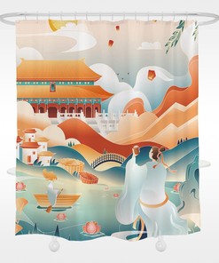 Ancient Night Moon Chinese Style Shower Curtain - Waterproof Fabric for Bathroom
