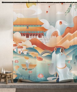 Ancient Night Moon Chinese Style Shower Curtain - Waterproof Fabric for Bathroom