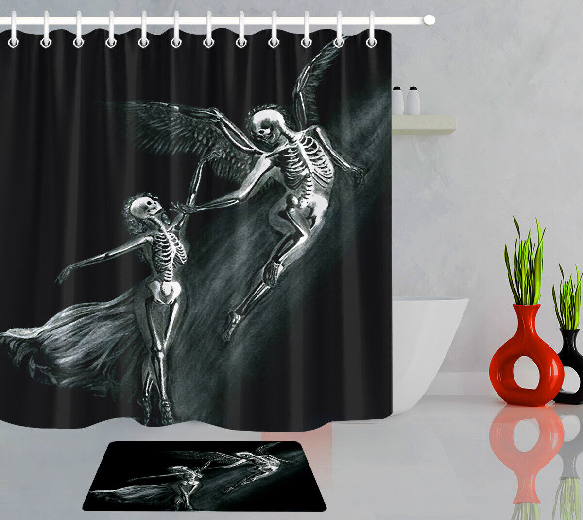 Angel Skull Dance of Death Bathroom Fabric Shower Curtain - Home Bathroom Decor with Free Hooks
