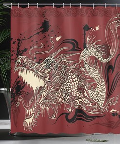 Angry Dragon Doodle Grunge Background Shower Curtain, Cloth Bathroom Decor