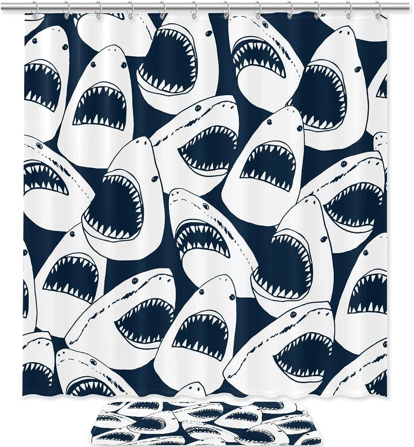 Angry Shark Fish with Open Mouth Shower Curtain - Durable Fabric Waterproof Curtain for Bathroom
