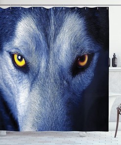 Angry Wolf Shower Curtain, Wild Animal with Angry Expression in Woodlands, Cloth Bathroom Decor W, Blue and Pale Blue 