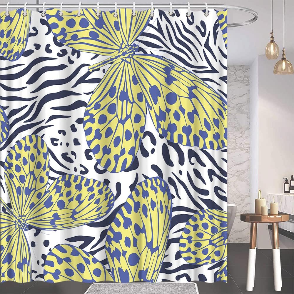 Animal Skin Print Yellow and Blue Shower Curtain for Abstract Bathroom Decor