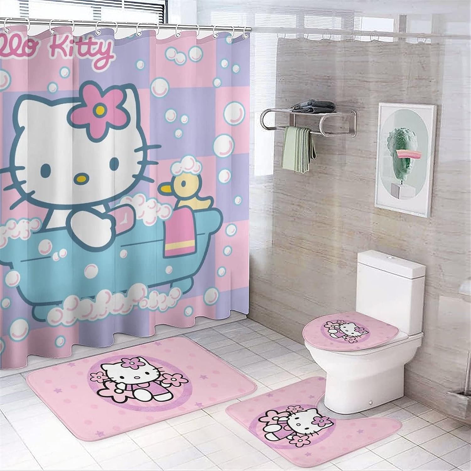 Anime Cat Bathroom with Waterproof Shower Curtain and Accessories