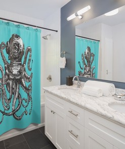 Antique Diving Helmet and Octopus Shower Curtain for Bathroom Decor