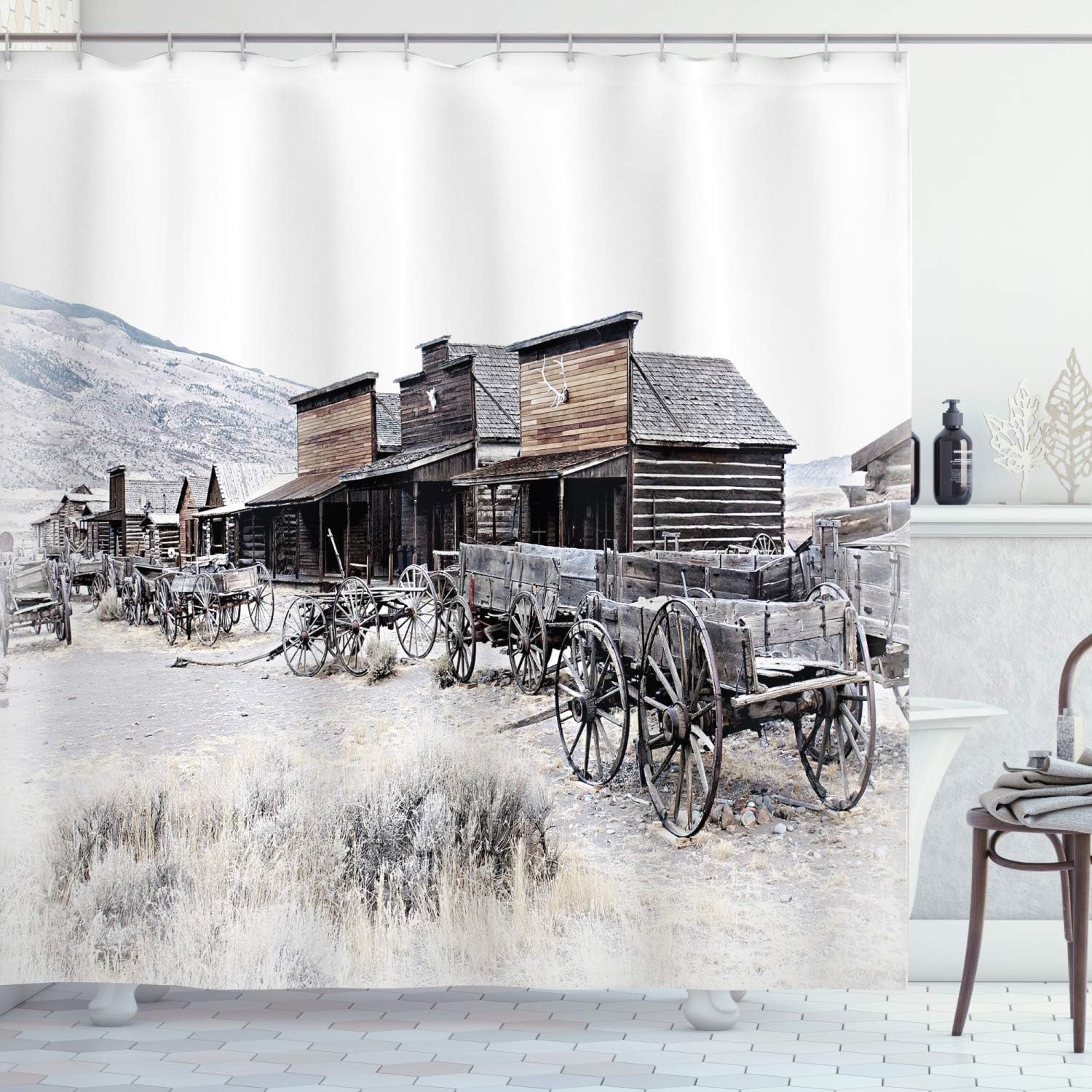 Antique Farmhouse Shower Curtain, Vintage Wooden Wagons Art Print, Cloth Bathroom Decor WL, Brown and White