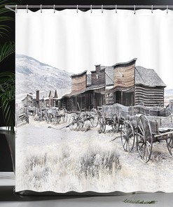 Antique Farmhouse Shower Curtain, Vintage Wooden Wagons Art Print, Cloth Bathroom Decor WL, Brown and White