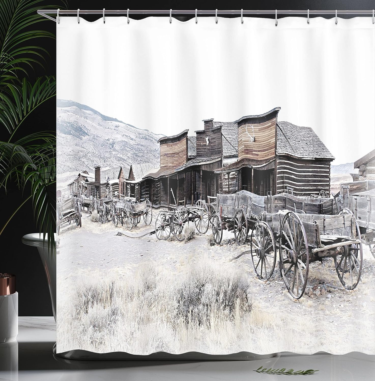 Antique Farmhouse Shower Curtain, Vintage Wooden Wagons Art Print, Cloth Bathroom Decor WL, Brown and White