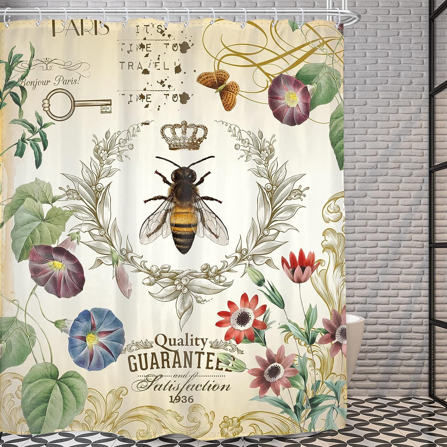 Antique French Garden Vintage Bee Shower Curtain for a Rustic Country Bathroom Decor