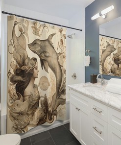 Antique Sepia Mermaid & Marine Life Shower Curtain - Scientific Illustrations - Nautical Bathroom Decor
