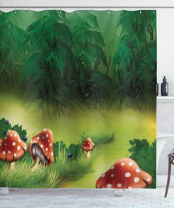 Apple Green Fern Green Mushroom Shower Curtain with Fly Agarics and Greenwood Scenery for a Whimsical Bathroom Decor